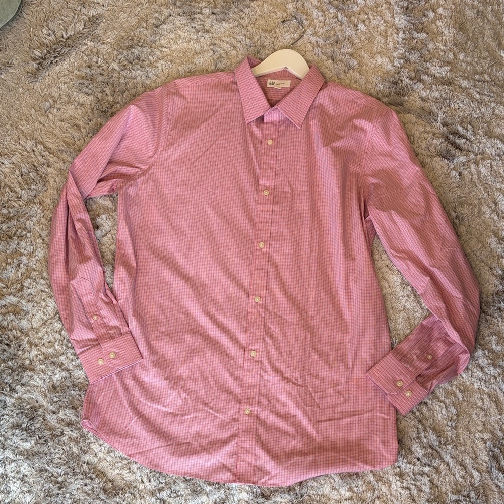 GAP Men’s Classic Pink Checkered Dress Shirt Non-Iron Stretch XL Tall Slim Fit